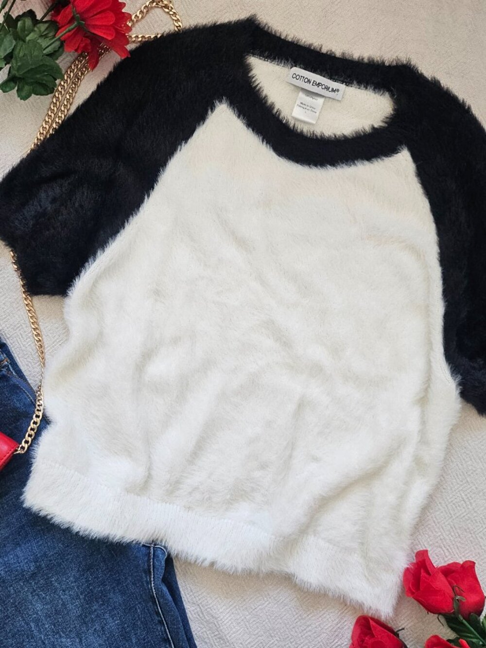 Cotton Emporium Fuzzy Knit Sweater Black White Raglan Soft Top L NWOT - Picture 7 of 10